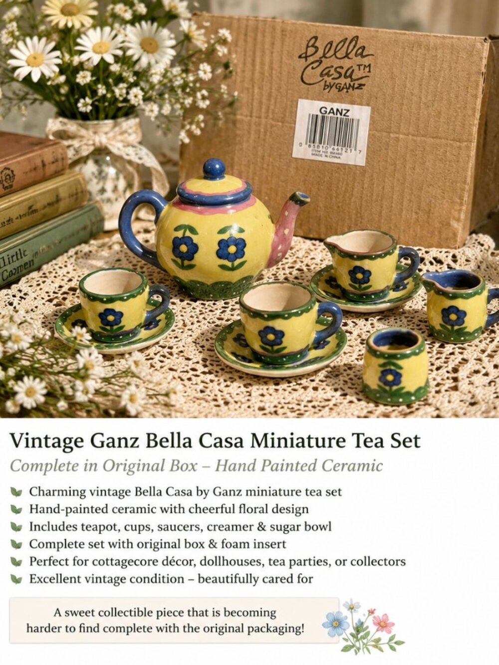 Vintage Ganz Bella Casa Miniature Tea Set Complete w/ Original Box Hand Painted